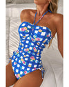 Blue Folk Gingham Halter Ruched Bodice Drawstring Ties One Piece Swimwear - L