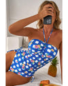 Blue Folk Gingham Halter Ruched Bodice Drawstring Ties One Piece Swimwear - L