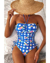 Blue Folk Gingham Halter Ruched Bodice Drawstring Ties One Piece Swimwear - L