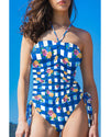 Blue Folk Gingham Halter Ruched Bodice Drawstring Ties One Piece Swimwear - L