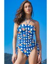 Blue Folk Gingham Halter Ruched Bodice Drawstring Ties One Piece Swimwear - L