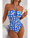 Blue Folk Gingham Halter Ruched Bodice Drawstring Ties One Piece Swimwear - XL