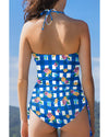 Blue Folk Gingham Halter Ruched Bodice Drawstring Ties One Piece Swimwear - XL