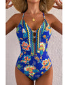 Blue Floral Plunging Slim & Sculpt One-Piece Crisscross Backless One Piece Swimsuit - S