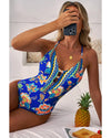Blue Floral Plunging Slim & Sculpt One-Piece Crisscross Backless One Piece Swimsuit - S