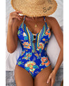 Blue Floral Plunging Slim & Sculpt One-Piece Crisscross Backless One Piece Swimsuit - S