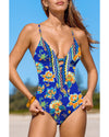 Blue Floral Plunging Slim & Sculpt One-Piece Crisscross Backless One Piece Swimsuit - S