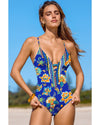 Blue Floral Plunging Slim & Sculpt One-Piece Crisscross Backless One Piece Swimsuit - S