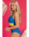 Prussian Blue Contrast Stripe Accent Crisscross One Piece Swimwear - L