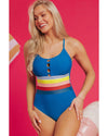 Prussian Blue Contrast Stripe Accent Crisscross One Piece Swimwear - L