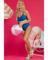 Prussian Blue Contrast Stripe Accent Crisscross One Piece Swimwear - L