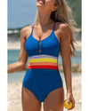 Prussian Blue Contrast Stripe Accent Crisscross One Piece Swimwear - L