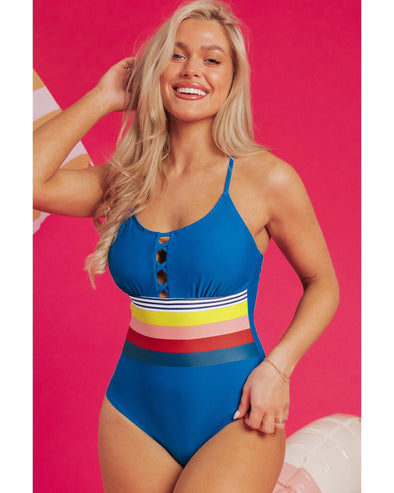 Prussian Blue Contrast Stripe Accent Crisscross One Piece Swimwear - M