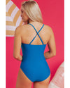Prussian Blue Contrast Stripe Accent Crisscross One Piece Swimwear - M