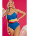Prussian Blue Contrast Stripe Accent Crisscross One Piece Swimwear - M