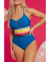 Prussian Blue Contrast Stripe Accent Crisscross One Piece Swimwear - S