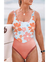 Orange Floral Patchwork Backless One Piece Swimsuit - 2XL