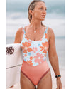 Orange Floral Patchwork Backless One Piece Swimsuit - 2XL