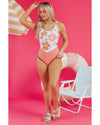 Orange Floral Patchwork Backless One Piece Swimsuit - XL