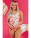 Orange Floral Patchwork Backless One Piece Swimsuit - XL