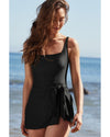 Black Side Tied Waist Square Neck Adjustable Straps A-line One Piece Swim Dress - S