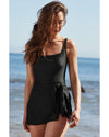 Black Side Tied Waist Square Neck Adjustable Straps A-line One Piece Swim Dress - S