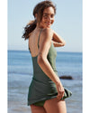 Mist Green Side Tied Waist Square Neck Adjustable Straps A-line One Piece Swim Dress - M