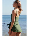 Mist Green Side Tied Waist Square Neck Adjustable Straps A-line One Piece Swim Dress - M