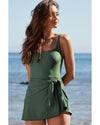 Mist Green Side Tied Waist Square Neck Adjustable Straps A-line One Piece Swim Dress - M