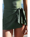 Mist Green Side Tied Waist Square Neck Adjustable Straps A-line One Piece Swim Dress - M