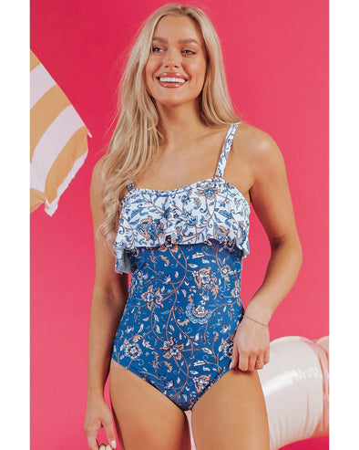 Sky Blue Floral Printed Ruffle Removable Strap One Piece Swimsuit - M