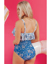 Sky Blue Floral Printed Ruffle Removable Strap One Piece Swimsuit - M