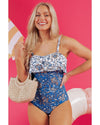 Sky Blue Floral Printed Ruffle Removable Strap One Piece Swimsuit - M