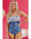 Sky Blue Floral Printed Ruffle Removable Strap One Piece Swimsuit - M