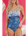 Sky Blue Floral Printed Ruffle Removable Strap One Piece Swimsuit - M
