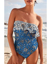 Sky Blue Floral Printed Ruffle Removable Strap One Piece Swimsuit - M