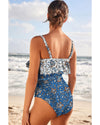 Sky Blue Floral Printed Ruffle Removable Strap One Piece Swimsuit - M