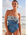 Sky Blue Floral Printed Ruffle Removable Strap One Piece Swimsuit - M