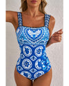 Blue Tile Pattern Ricrac Wide Straps Sheath One Piece Swimsuit - M