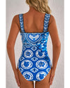 Blue Tile Pattern Ricrac Wide Straps Sheath One Piece Swimsuit - M