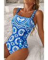 Blue Tile Pattern Ricrac Wide Straps Sheath One Piece Swimsuit - M
