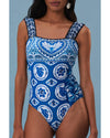Blue Tile Pattern Ricrac Wide Straps Sheath One Piece Swimsuit - M
