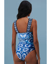 Blue Tile Pattern Ricrac Wide Straps Sheath One Piece Swimsuit - M