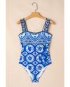 Blue Tile Pattern Ricrac Wide Straps Sheath One Piece Swimsuit - M