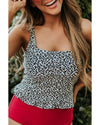 Leopard Ruffled Square Neck Peplum Swim Top - L