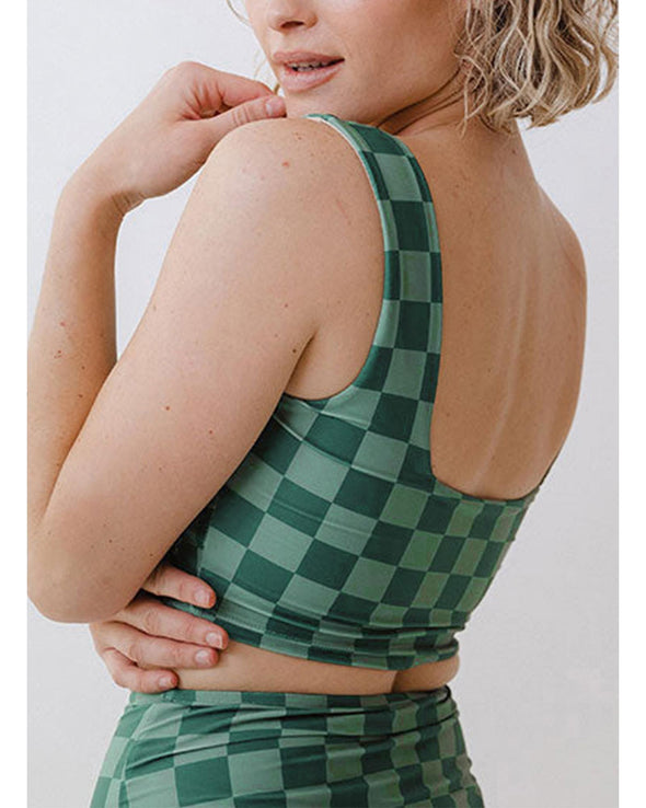 Green Checkered Print Square Neck Cropped Swim Top - 2XL