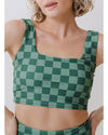 Green Checkered Print Square Neck Cropped Swim Top - 2XL