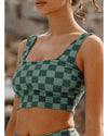 Green Checkered Print Square Neck Cropped Swim Top - 2XL