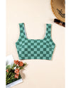 Green Checkered Print Square Neck Cropped Swim Top - 2XL