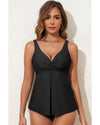 Black Crossed V Neck Adjustable Strap Babydoll Tankini Top - S